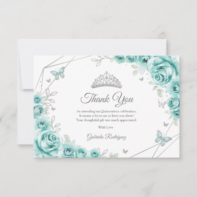 Turquoise Silver Floral Quinceanera Thank You Card (Front)