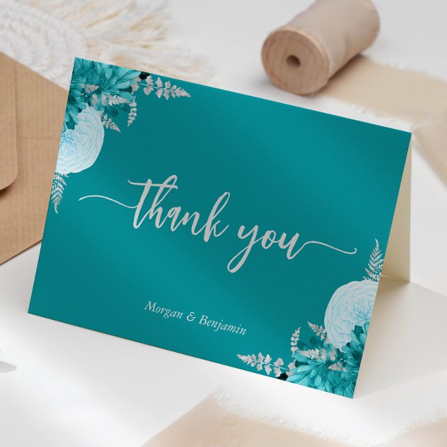 Turquoise Silver Floral Script Wedding Thank You Card (Creator Uploaded)