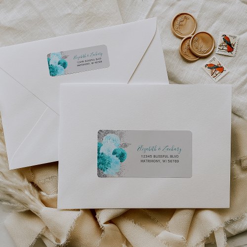 Turquoise Silver Floral Wedding Return Address Label