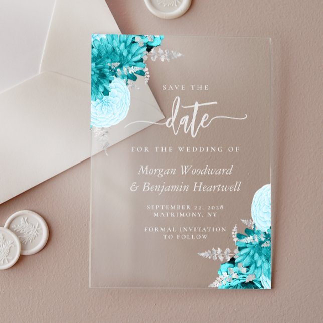 Turquoise Silver Floral Wedding Save the Date Acrylic Invitations (Creator Uploaded)