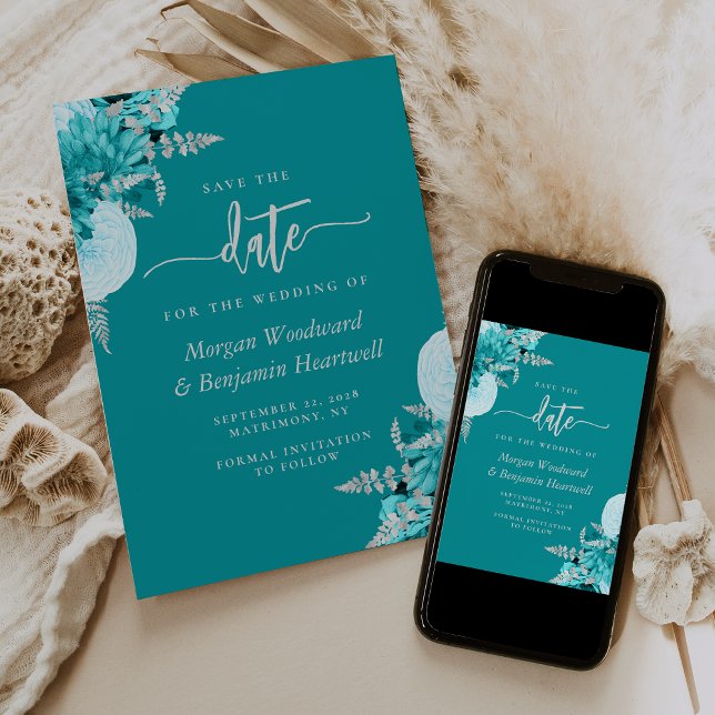 Turquoise Silver Floral Wedding Save the Date Invitation (Creator Uploaded)