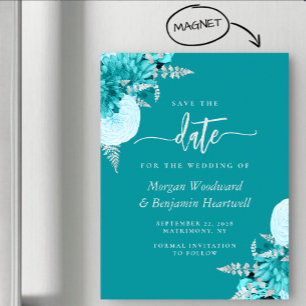 Turquoise Silver Floral Wedding Save the Date Magnetic Invitation