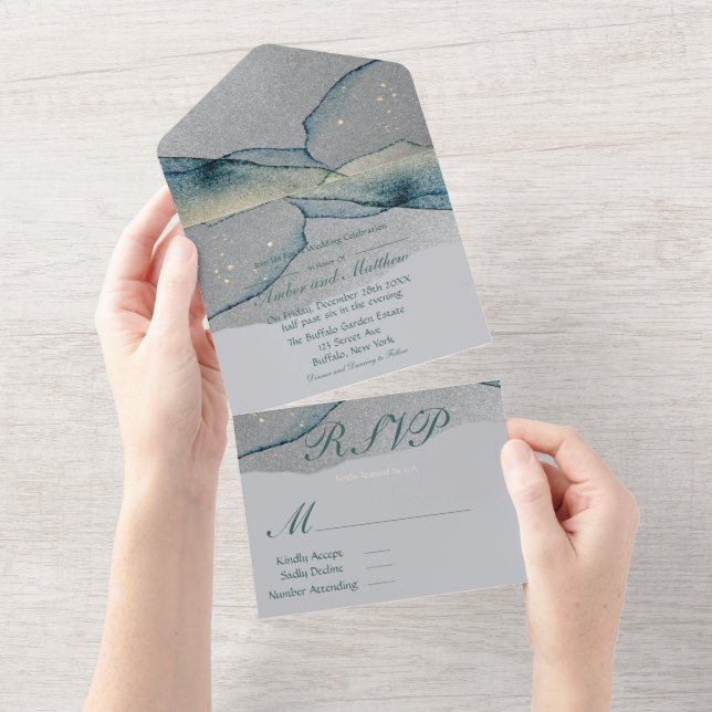 Turquoise Silver Gold Alcohol Ink Wedding  All In One Invitation (Tearaway)