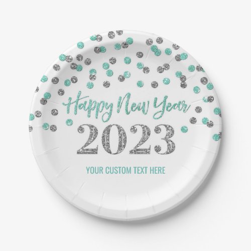 Turquoise Silver Happy New Year 2023   Paper Plates