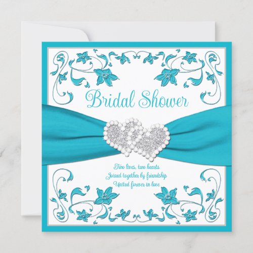 Turquoise Silver Love Hearts Bridal Shower Invitation