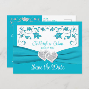 Turquoise, Silver Love Hearts Save the Date Postcard