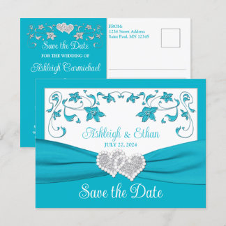 Turquoise, Silver Love Hearts Save the Date Postcard