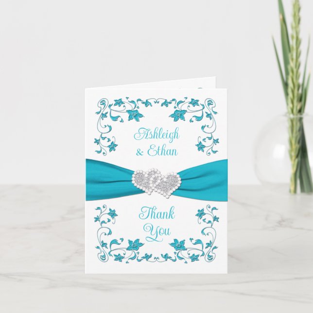 Turquoise, Silver Love Hearts Thank You Card (Front)