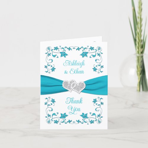 Turquoise Silver Love Hearts Thank You Card