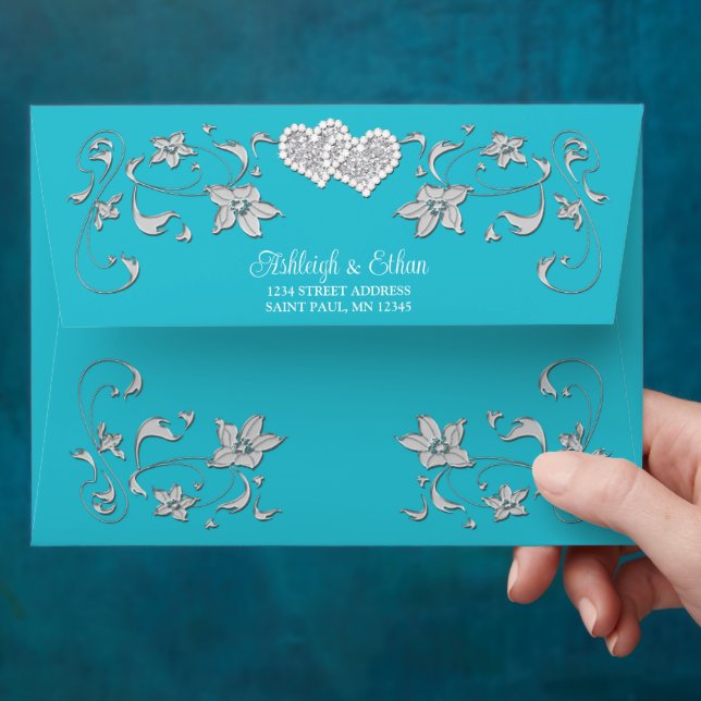 Turquoise, Silver Love Hearts Wedding Envelope (Hand)