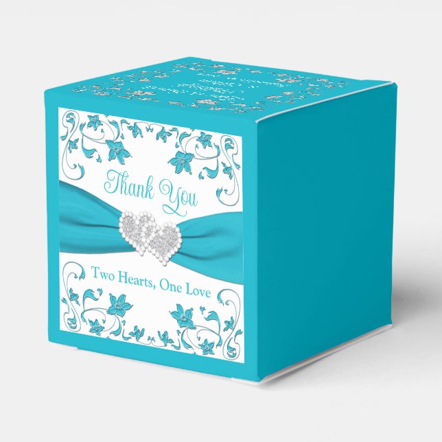 Turquoise, Silver Love Hearts Wedding Favor Boxes (Back Side)