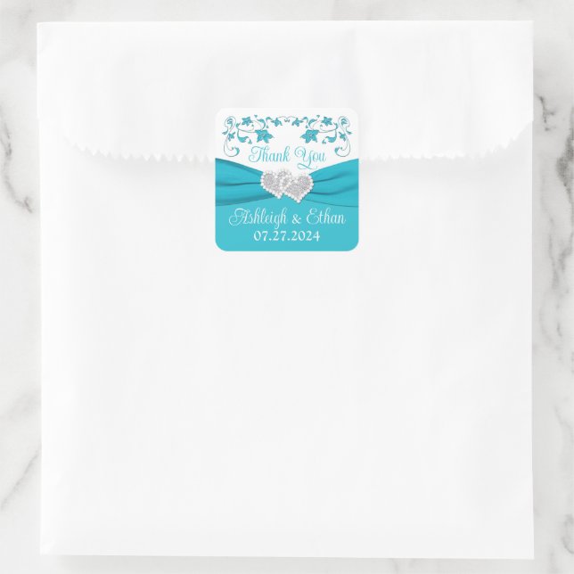 Turquoise, Silver Love Hearts Wedding Favor Square Sticker (Bag)