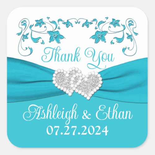 Turquoise Silver Love Hearts Wedding Favor Square Sticker
