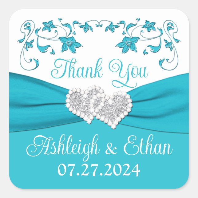 Turquoise, Silver Love Hearts Wedding Favor Square Sticker (Front)