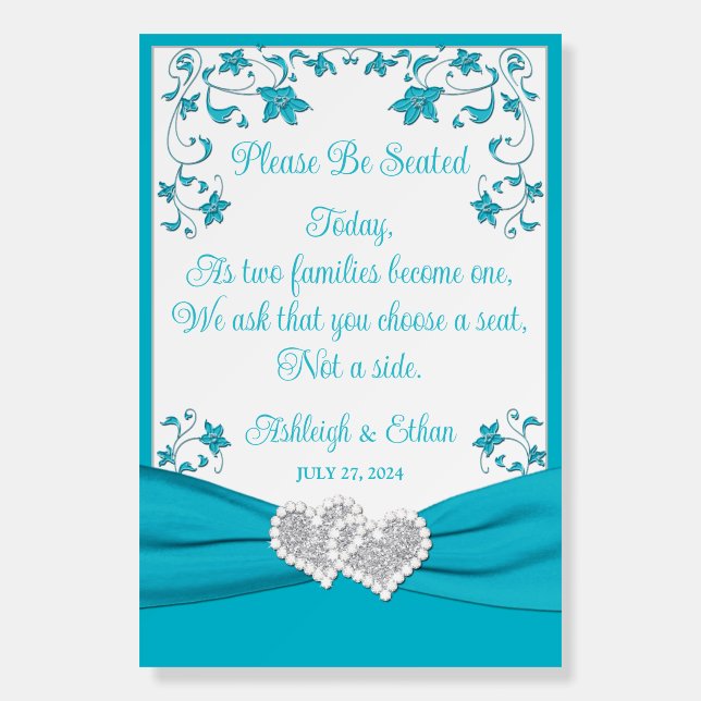 Turquoise, Silver Love Hearts Wedding Foam Board (Front)