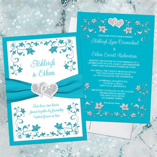 Turquoise Silver Love Hearts Wedding Invitation