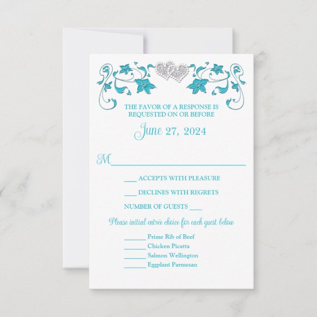 Turquoise, Silver Love Hearts Wedding RSVP Card (Front)