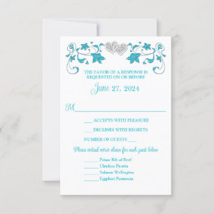 Turquoise, Silver Love Hearts Wedding RSVP Card
