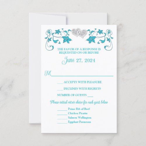 Turquoise Silver Love Hearts Wedding RSVP Card