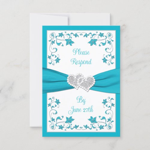 Turquoise Silver Love Hearts Wedding RSVP Card 2