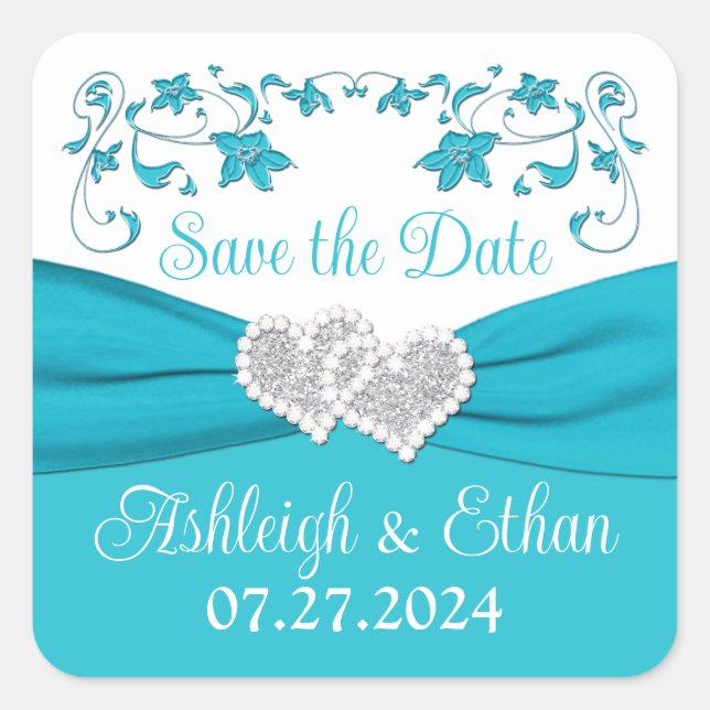 Turquoise, Silver Love Hearts Wedding Sticker (Front)