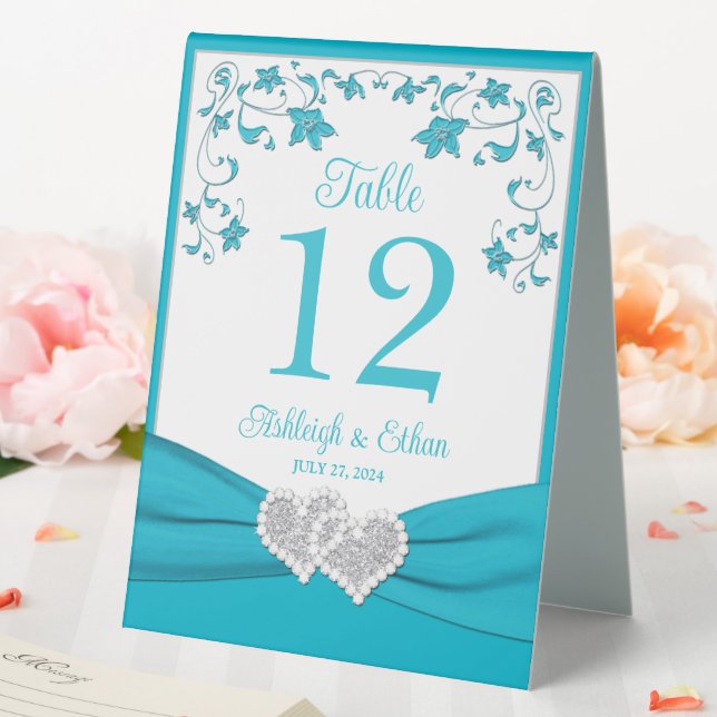 Turquoise, Silver Love Hearts Wedding Table Tent (In SItu (Wedding))
