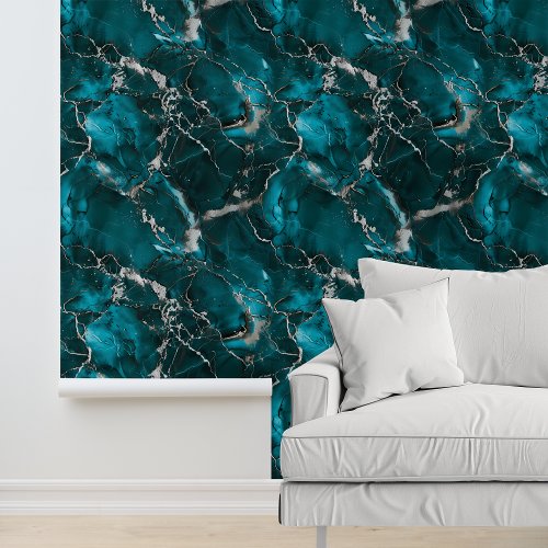 Turquoise Silver Metallic Look Marble Wallpaper