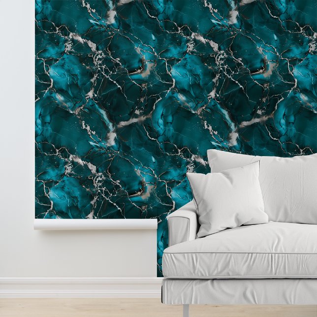 Turquoise Silver Metallic Look Marble Wallpaper (Creator Uploaded)