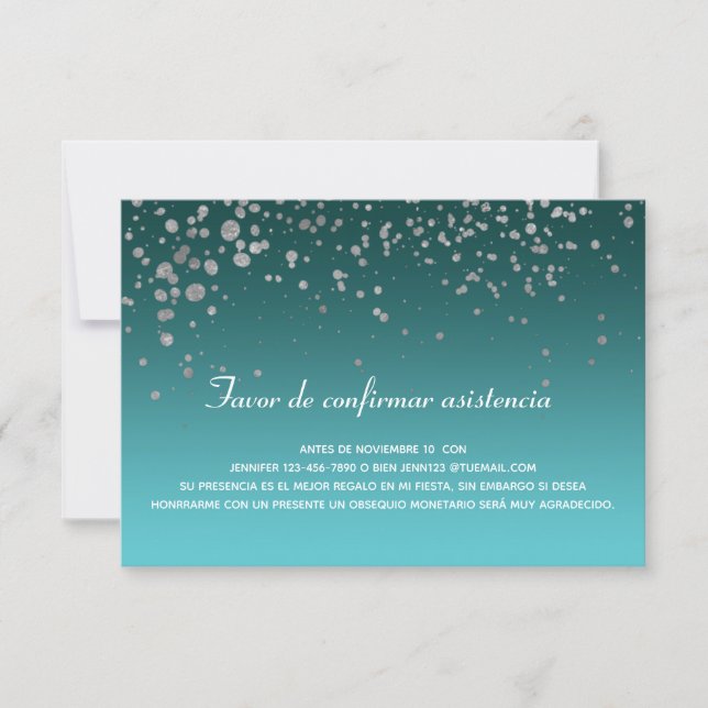 Turquoise Silver Mis Quince Anos Spanish RSVP card (Front)