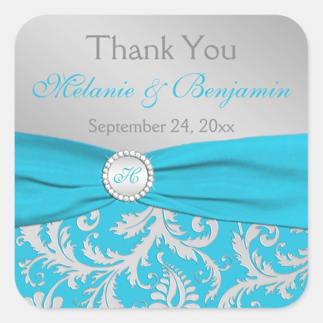 Turquoise, Silver Monogram Wedding Favor Sticker (Front)