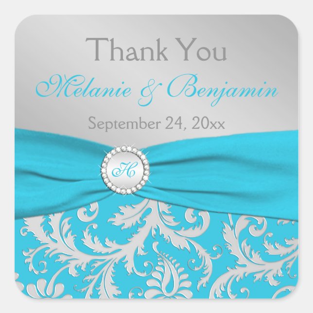 Turquoise, Silver Monogram Wedding Favor Sticker (Front)