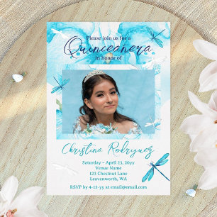 Turquoise, Silver Orchid, Dragonfly Quinceanera Foil Invitation