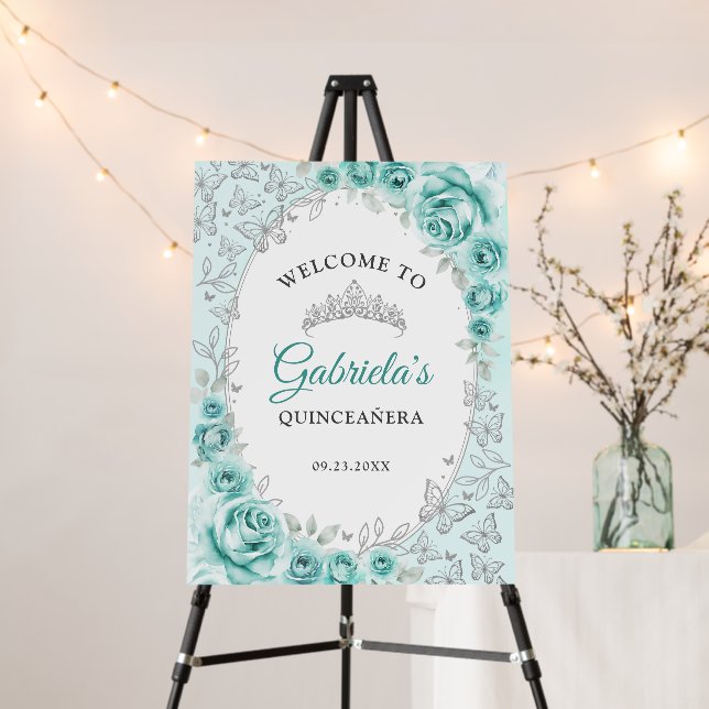 Turquoise Silver Quinceanera Welcome Foam Board (In Situ (Stand))