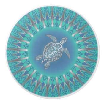 Turquoise Silver Sea Turtle | Nautical Cabinet Ceramic Knob by NinaBaydur at Zazzle
