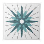 Turquoise & Silver Starburst Ceramic Tile<br><div class="desc">Modern tile with a large bold retro turquoise starburst serving as the focal point, complimented by modern silver starburst design elements. Modern bold celestial design in a turquoise and white color palette. One design of a coordinating collection. Designed as a template, create your own custom design by using the fields...</div>