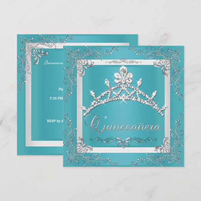 Turquoise Silver Tiara Quinceanera 15th Birthday Invitation (Front/Back)