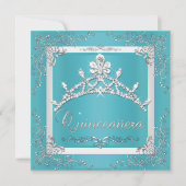 Turquoise Silver Tiara Quinceanera 15th Birthday Invitation (Front)