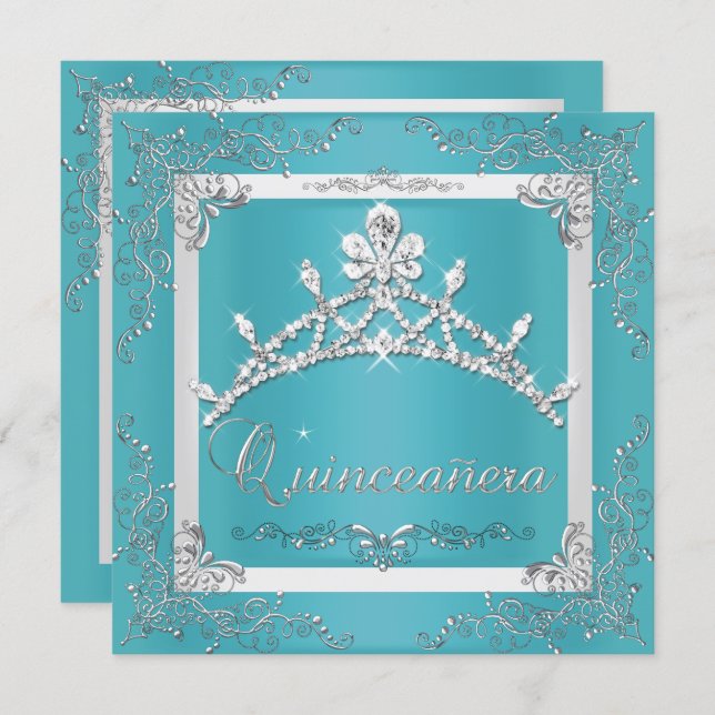 Turquoise Silver Tiara Quinceanera 15th Birthday Invitation (Front/Back)