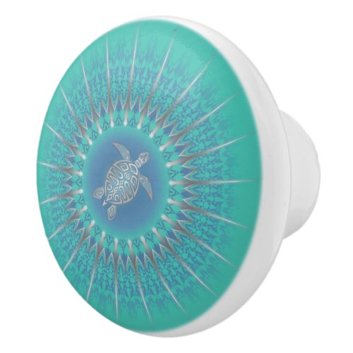 Turquoise Silver Turtle Mandala Ceramic Knob