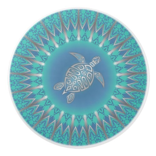 Turquoise Silver Turtle Mandala Ceramic Knob