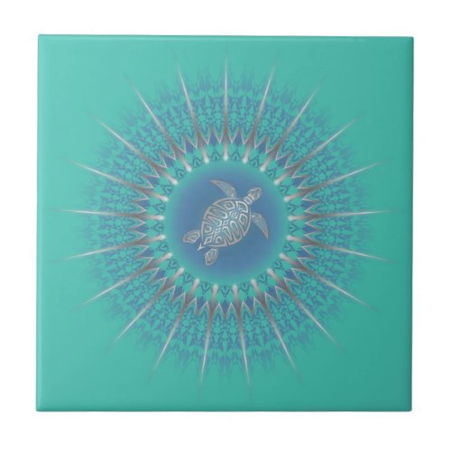 Turquoise Silver Turtle Mandala Ceramic Tile