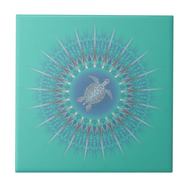 Turquoise Silver Turtle Mandala Ceramic Tile (Front)
