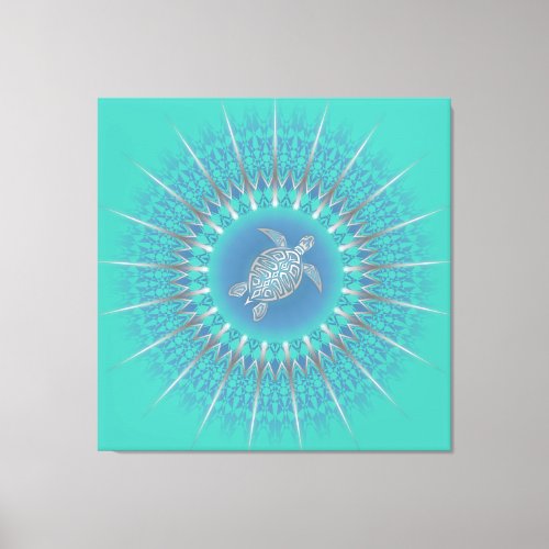 Turquoise Silver Turtle Mandala Coastal Canvas Print