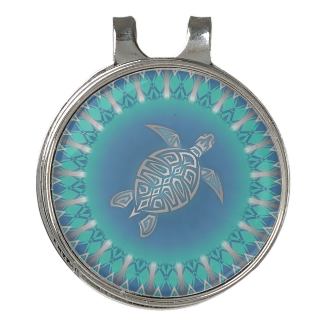 Turquoise Silver Turtle Mandala Coastal Golf Hat Clip (Front)