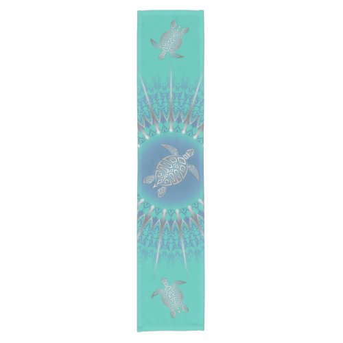 Turquoise Silver Turtle Mandala Coastal Short Table Runner