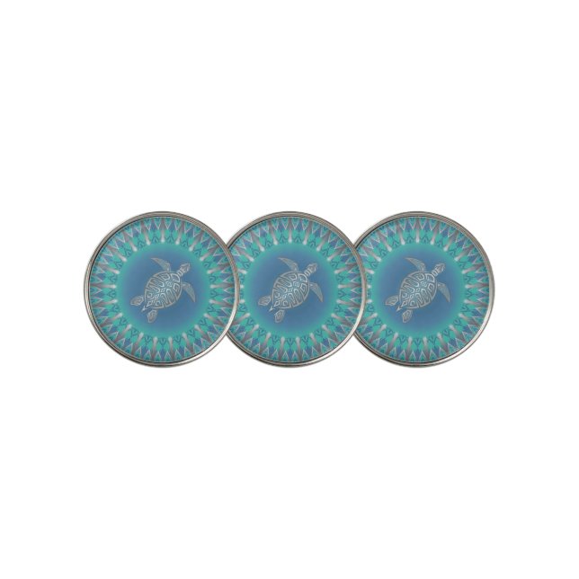 Turquoise Silver Turtle Mandala Golf Ball Marker (3 Up)