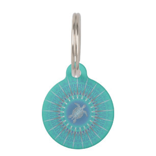 Turquoise Silver Turtle Mandala Pet ID Tag