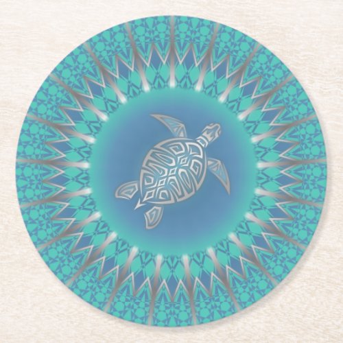 Turquoise Silver Turtle Mandala Round Paper Coaste Round Paper Coaster