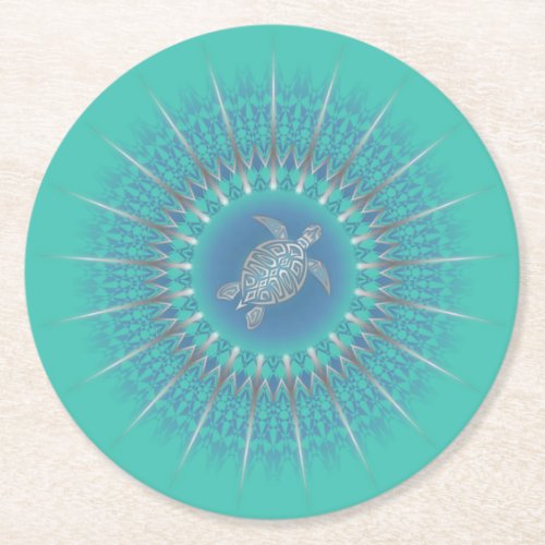 Turquoise Silver Turtle Mandala Round Paper Coaster