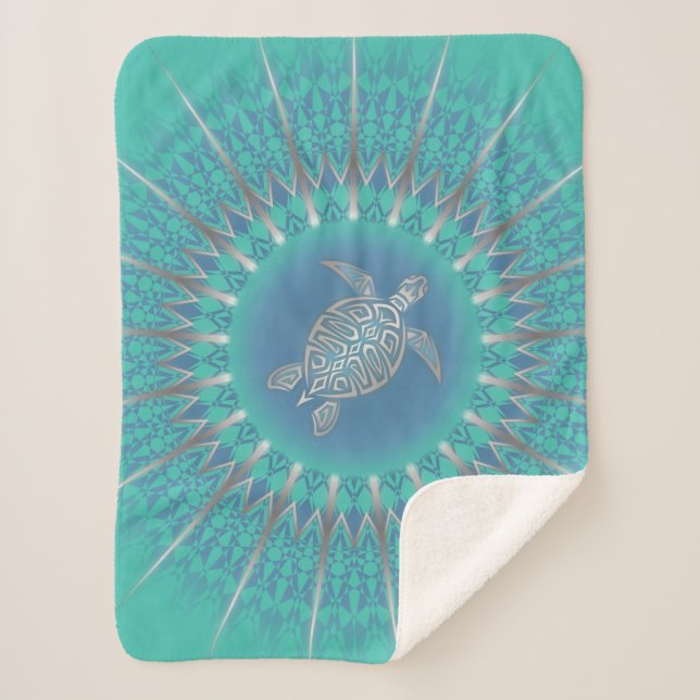 Turquoise Silver Turtle Mandala Sherpa Blanket (Front)